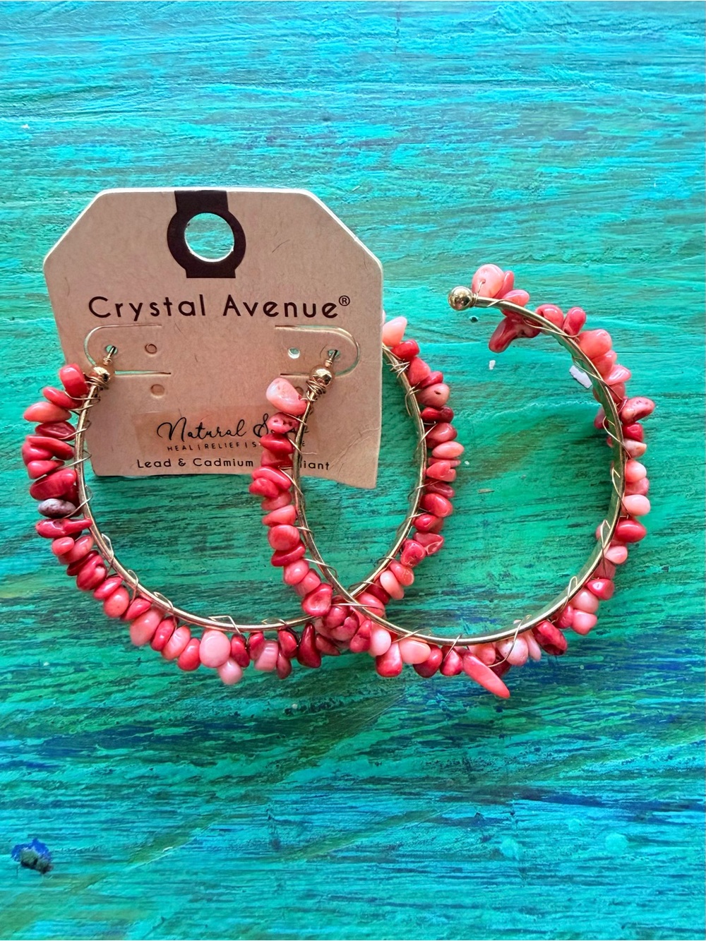 NWT Peachy Pink Beaded Natural Stone STATEMENT Hoop Earrings